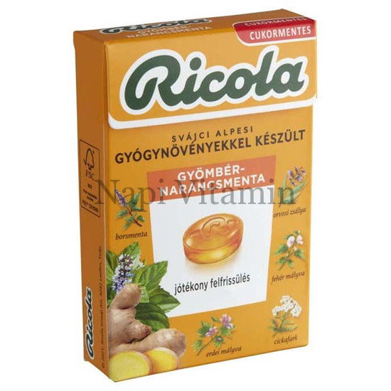 Ricola Gyömbér Narancsmenta gyógynövényes cukorka 40g