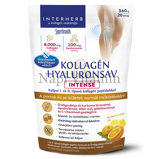 Interherb Intense Kollagén & Hyaluronsav porcépítő narancs ízű talpor 360g Interherb Intense Kollagén & Hyaluronsav porcépítő narancs ízű talpor 360g