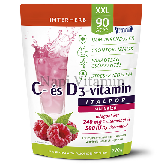 Interherb XXL C + D3 vitamin málnaízű italpor 270g