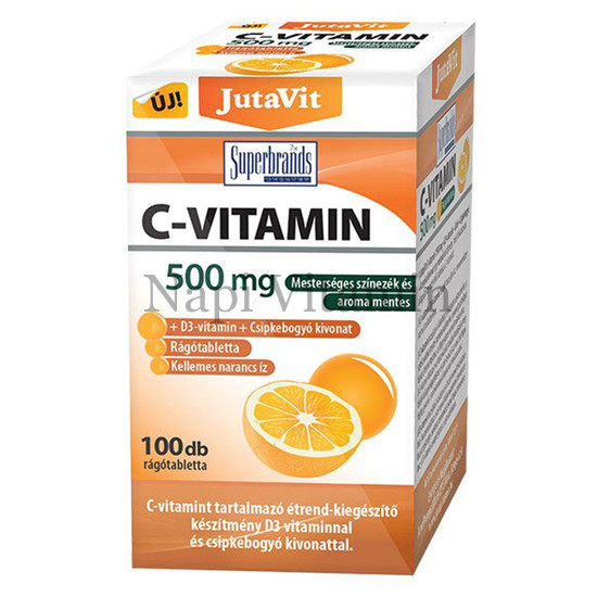 JutaVit C-vitamin 500 mg + D3-vitamin + csipkebogyó kivonattal narancs ízű rágótabletta 100x JutaVit C-vitamin 500 mg + D3-vitamin + csipkebogyó kivonattal narancs ízű rágótabletta 100x