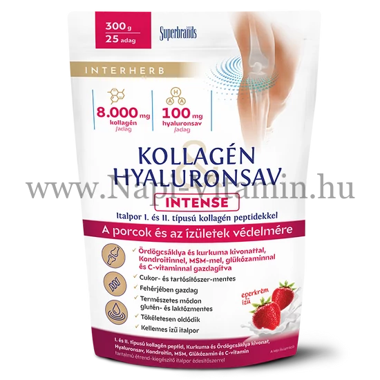 Interherb Kollagén &amp; Hyaluronsav Porcépítő italpor INTENSE Eperkrém ízű 300g